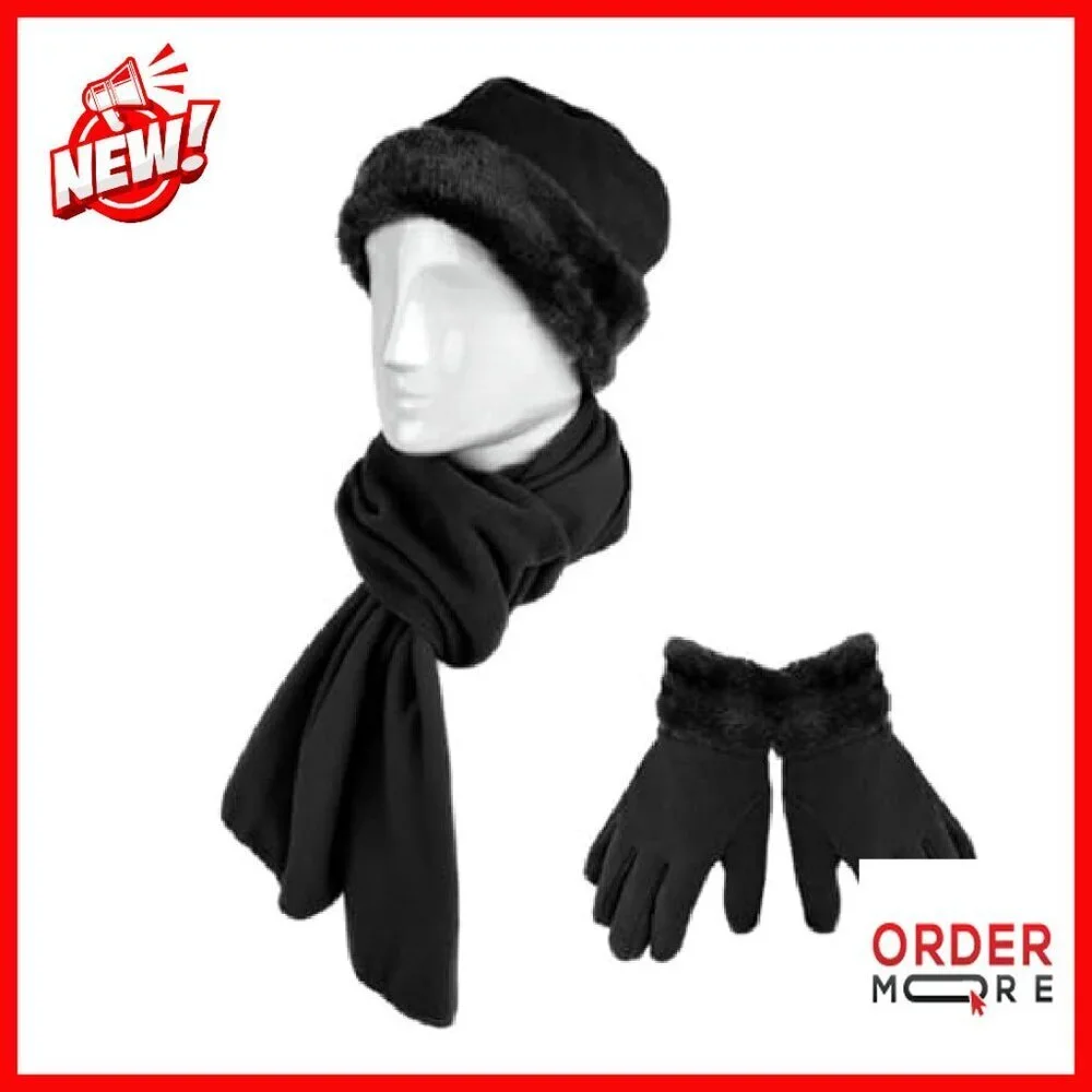 Women's Fleece Winter Hat & Glove Set - Warm Plush Fur Trim